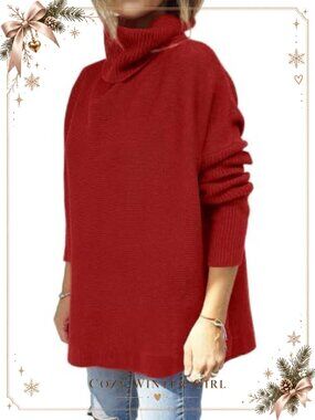 High Low Split Hem Turtleneck Knit Pullover Sweater Oversized Casual